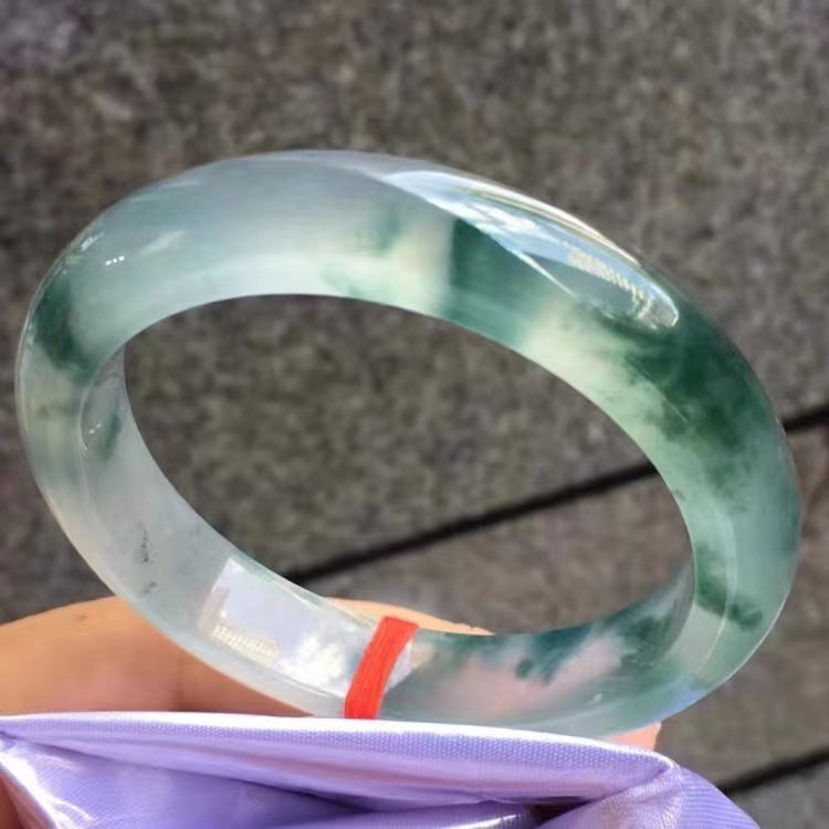 高冰飘蓝花正圈A货翡翠手镯